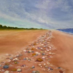 May include: An oil painting of a beach scene. The sandy beach is a warm, reddish-brown color, with a line of colorful pebbles leading towards the horizon. The sky is a mix of blue and white, with a line of green trees in the distance.