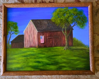 Rustic Red Barn Oil Painting