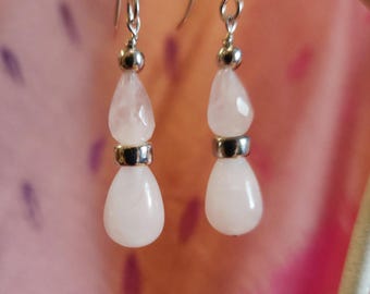 Rose Quartz & Silver Drop Earrings