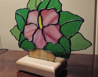 Pink Hibiscus Stained Glass Fan Lamp