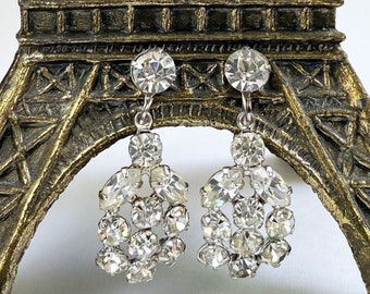 Sparkly Rhinestone Earrings, Vintage Screw-Back Drop Dangle, Costume Jewelry, Wedding Bridal, 1930s 1940s, Gift for Her, April Birthstone
