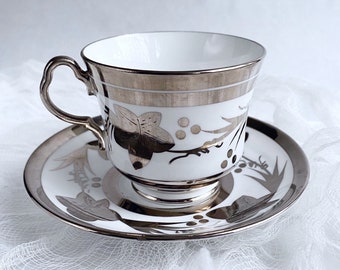 Vintage Collingwoods Silver Luster Teacup and Saucer, English Fine Bone China, Silver Leaf Design, Porcelain Cup, Tea Party, Tea Lover Gift