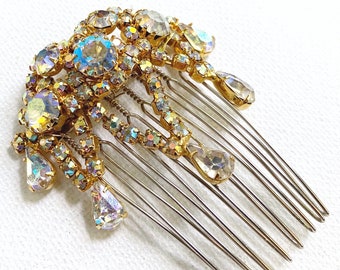Vintage Gold Crystal Hair Comb, Small Rhinestone Wedding Bridal Hair Jewelry, Formal Headpiece, Hollywood Glamour, Holiday Party, New Year