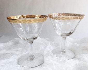 Set of 2 Vintage Etched Crystal Cocktail Glasses, Gold Rimmed Optic Style Glass, Sherbet Ice Cream Dessert Bowls, Floral Stemware Barware