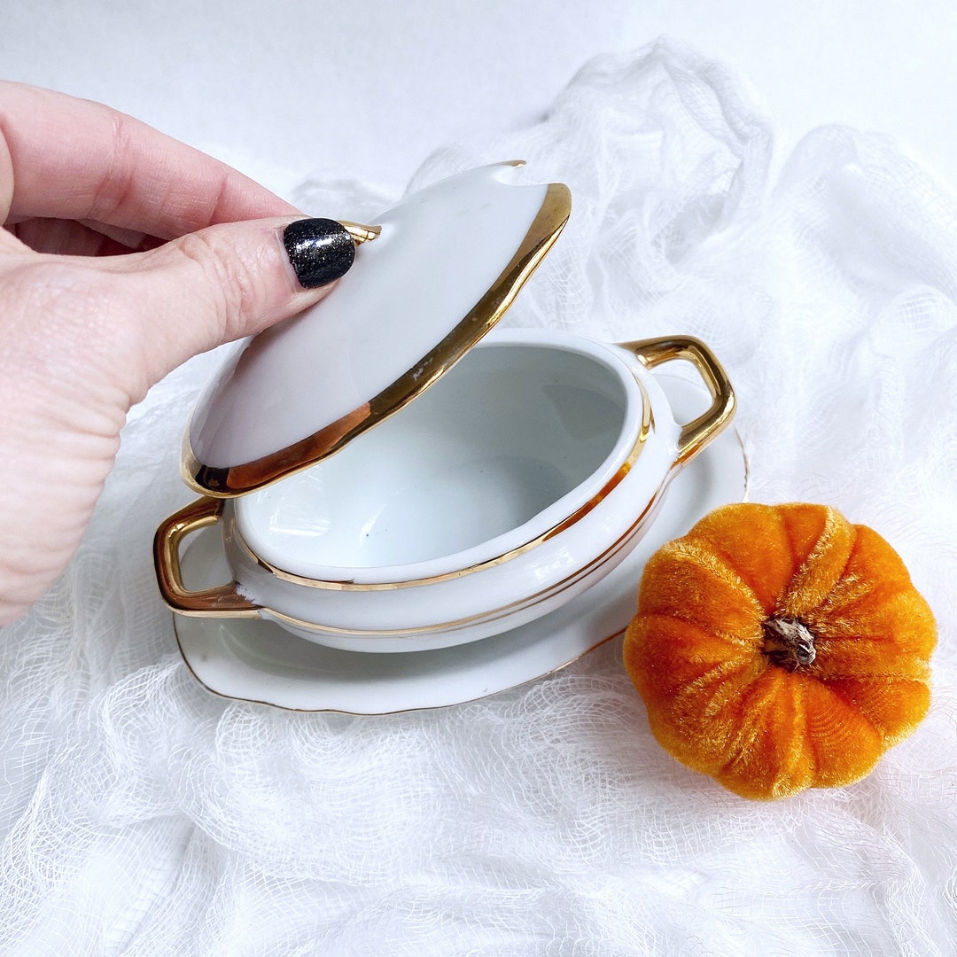 Vintage Condiment Dish, Miniature Tureen, Jam Pot With Lid, White and