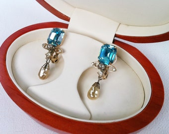 Vintage Blue Topaz Clip-On Earrings, Coro Pearl Drop Dangle Earrings, Something Old, Something Blue, Bridal Jewelry, December Birthstone