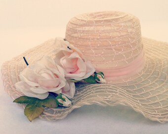 Vintage Floppy Hat - Sun Hat - 1970s - Blush Pink Roses - Boho - Weddings and Bridal