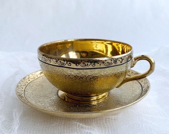 Vintage Gold Tea Cup & Saucer, Royal Tea Party, Hollywood Regency, Tea Lover Gift, Tea Cup Collector, Gold Digger Gift, 50th Birthday, Glam