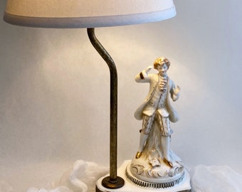 Vintage Table Lamp, Porcelain 18th Century Gentleman Figurine, Boudoir Lamp, Men's French Fashion 1700s, Gift for Him, Milk Glass Lamp Base