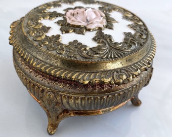 Vintage Gold-Tone Footed Dresser Box, Shabby Chic Rose Trinket Box, Jewelry Box, Boudoir Decor, Made in Japan, Valentine's Day Gift For Her