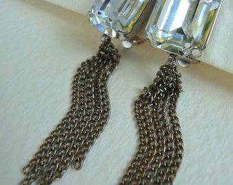 Long Silver Fringe Dangle Waterfall Earrings, Metal Chain Tassle Drop Earrings, Rhinestone Clip On, Edgy Rocker Earrings, Gift for Her