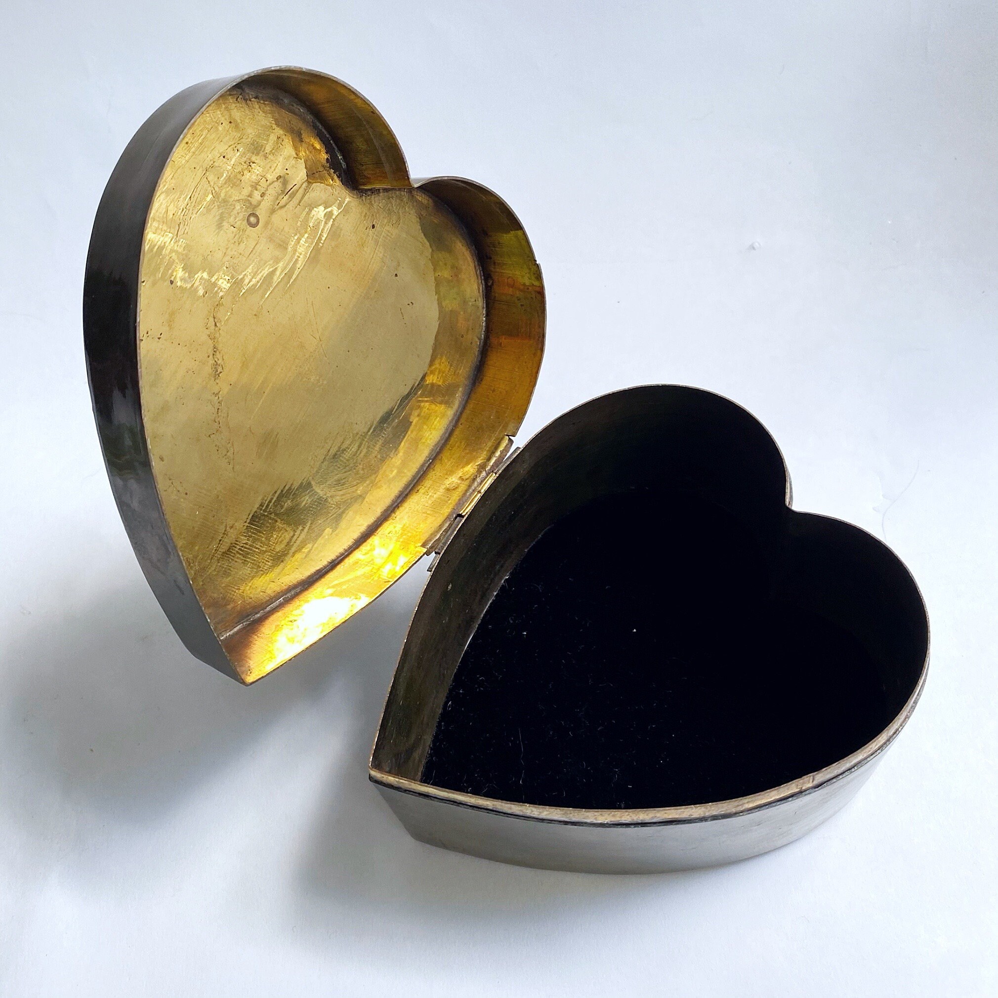 Vintage Brass Heart Jewelry Box Heart Trinket Box Velvet Etsy