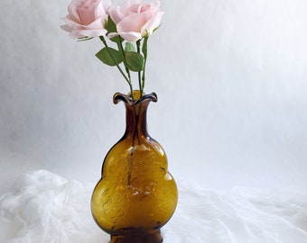 Vintage Amber Bottle with Shamrock & Lucky 4-Leaf Clover, St. Patrick's Day Gift, Cottagecore Decor, Good Luck Gift, Brown Glass Vase