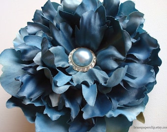 Blue Flower Hair Clip, Peony Fascinator, Bridal Flower, Something Blue, Pinup Burlesque Hair Flower, Floral Hair Clip, Photo Shoot Prop