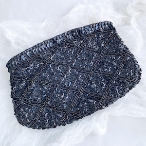 Vintage Black LeRegale Evening Bag, Beaded Sequin Purse, Retro Mid-Century Clutch Handbag, Wedding Formal Prom Accessories, Gift for Her