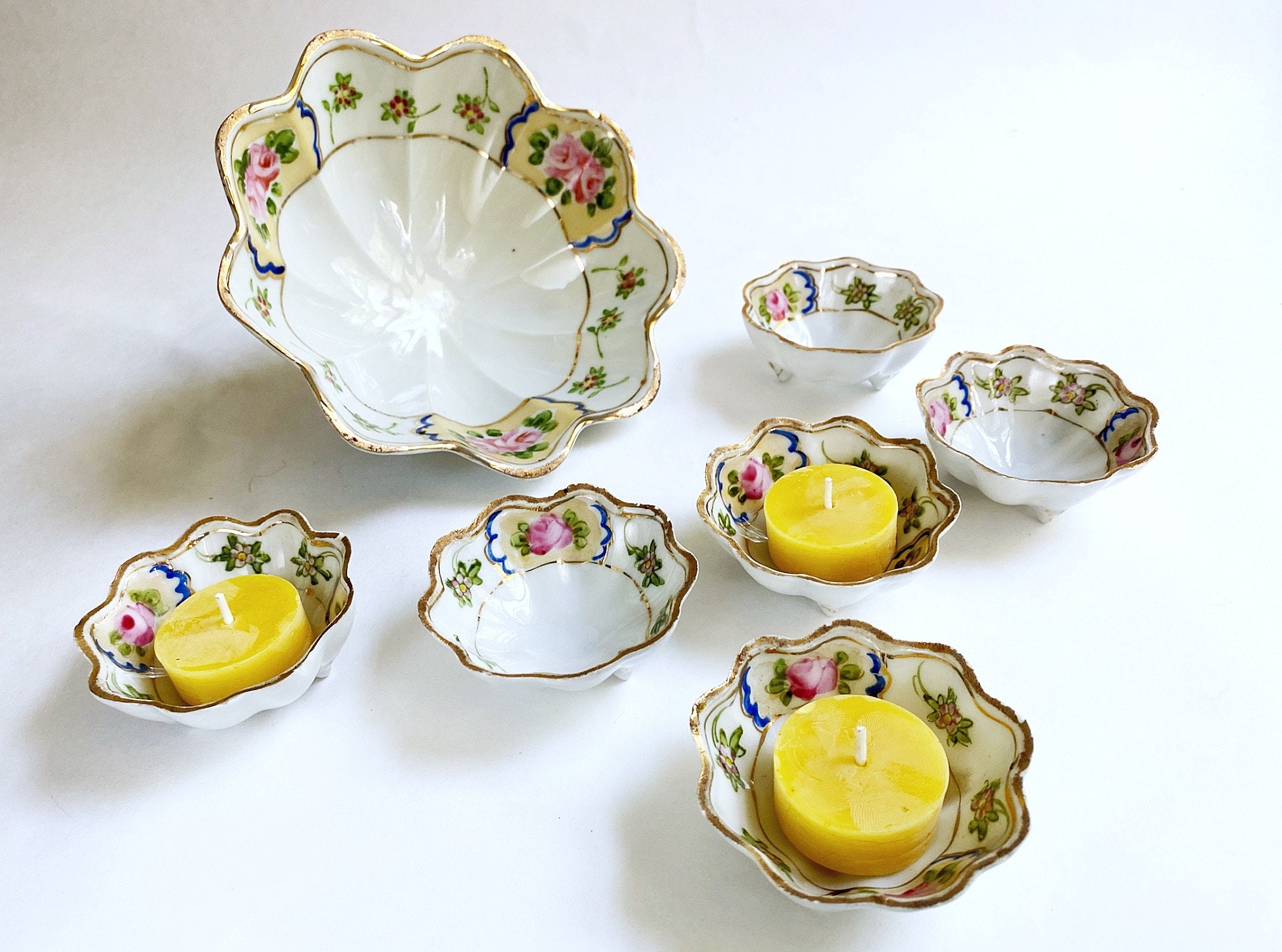 Antique Nippon Nut Bowl Set 3Footed Scalloped Serving Bowl Etsy