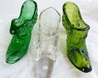 Vintage Set of 3 Glass Slippers, Gillinder and Sons 1876 Shoe, Green Daisy Button Glass Shoes, Ring Dish, Paperweight, Gift for Shoe Lover