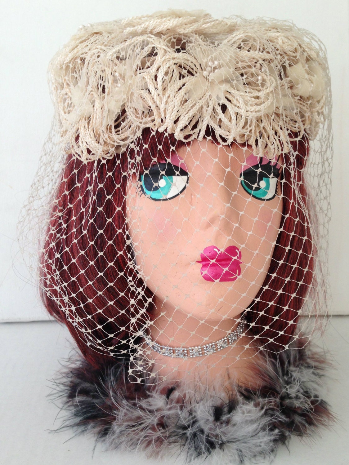 Vintage Beige Halo Hat With Birdcage Veil, Cream Wedding  display picture 1