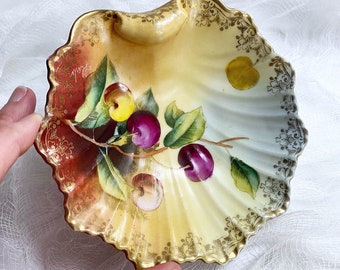 Vintage Shell-Shaped Trinket Dish with Hand-Painted Cherries, Small Yellow Porcelain Bowl, Desk Accessories, Vanity Dresser Decor, Fruit