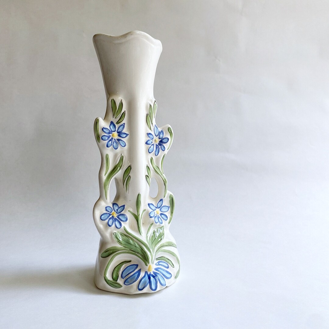 Vintage Small White Ceramic Bud Vase With Blue Flowers Etsy UK