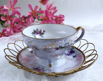 Unique Vintage Floral Lusterware 3-Footed Tea Cup with Wire-Framed Saucer, Tea Party, Tea Lover Gift, Collectible Tea Set, Roses, Violets