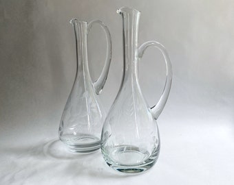 Vintage Etched Glass Pitcher, Crystal Wine Decanter, Mid Century Etched Glass Barware, Clear Romanian Blown Glass, Plant Propogation Vase
