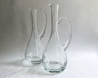 Vintage Etched Glass Pitcher, Crystal Wine Decanter, Mid Century Etched Glass Barware, Clear Romanian Blown Glass, Plant Propogation Vase