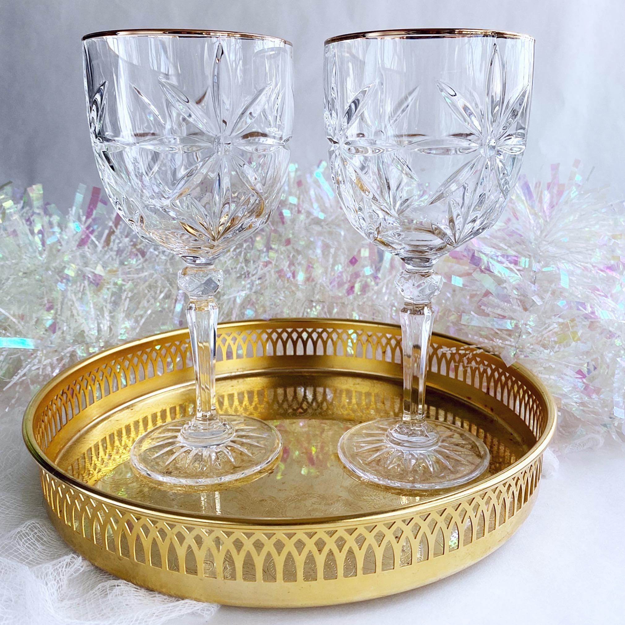 Set of 2 Vintage Avon Golden Accent Crystal Wine Glasses, Gold Rimmed 10 oz. Goblets, Clear Drinkware Stemware Barware, 15th Anniversary