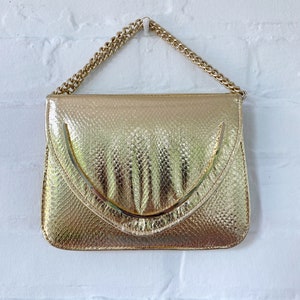 Vintage Walborg metalizado oro imitación piel de serpiente sobre bolso clutch, bolso de noche formal, discoteca de vacaciones, accesorios de regreso a casa, años 70 80