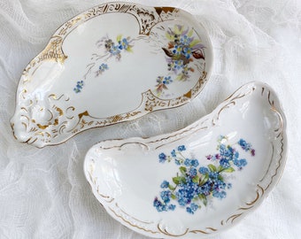 Vintage Bone Dishes, Cresecent Shaped Side Plates, Trinket Dish, Forget-Me-Not, Remembrance Gift, September Birthday, Cottagecore Decor