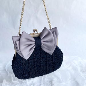 Vintage Black Satin Beaded Purse With Bow, Regal Formal Evening  display picture 1
