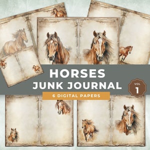 Watercolor Horse Junk Journal Pages, Horses watercolour scrapbook paper, Western Ranch Vintage Collage Sheet, Memory craft kit, Digital JJ01
