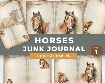 May include: Six digital papers featuring watercolour illustrations of horses on a vintage background. The papers are titled "Horses Junk Journal Vol 1".