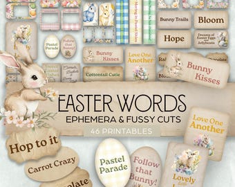 Diario de Pascua con frases, juegos de adornos con cortes delicados, frases de Pascua, efímeras botánicas vintage de primavera para imprimir, citas digitales para descargar.