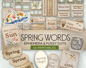 Spring Words Junk Journal, Fussy Cut Embellishment Sets, Easter Phrases Vintage Spring Botanical Printable Ephemera, Quotes Digital Download