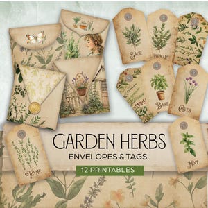 Journal des ordures ménagères dans le jardin printanier, mini enveloppes et étiquettes, album botanique vintage de jardin anglais, herboristerie PDF imprimable folio éphémère