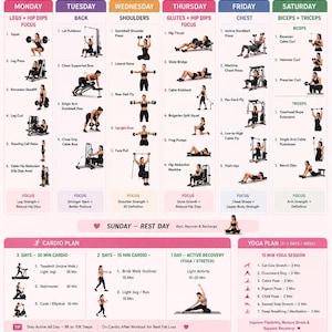 May include: A weekly workout planner chart featuring a pink and white color scheme with daily exercise routines, including leg, back, shoulder, glute, chest, and arm focus areas. It includes cardio and yoga plans, core exercises, and health tips.