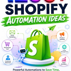Può includere: Un grafico digitale con il testo 1200+ SHOPIFY AUTOMATION IDEAS. Una borsa della spesa verde con un logo S bianco si trova su una piattaforma circolare accanto a un piccolo robot bianco. Le icone rappresentano marketing e vendite.