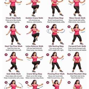 May include: An instructional chart titled Tai Chi Walking Workout for Women featuring sixteen numbered illustrations of a person in a pink shirt and black trousers demonstrating various movements with descriptive text for each specific exercise step.