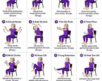 Affiche d'exercices de Tai Chi sur chaise pour les seniors | Guide d'exercices assis (Téléchargement numérique)