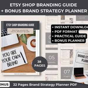 Detailed overview of the Etsy Shop Branding Guide and Bonus Brand Strategy Planner. Includes 38 pages of practical advice in PDF format, covering brand identity, visual branding, marketing, customer retention, and more.