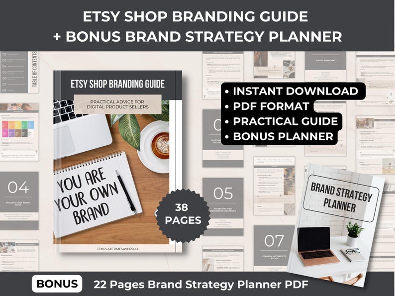 Detailed overview of the Etsy Shop Branding Guide and Bonus Brand Strategy Planner. Includes 38 pages of practical advice in PDF format, covering brand identity, visual branding, marketing, customer retention, and more.