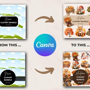 Transformation example of clipart mockup bundles created with Canva templates, from basic to professional-looking clipart Etsy listings.