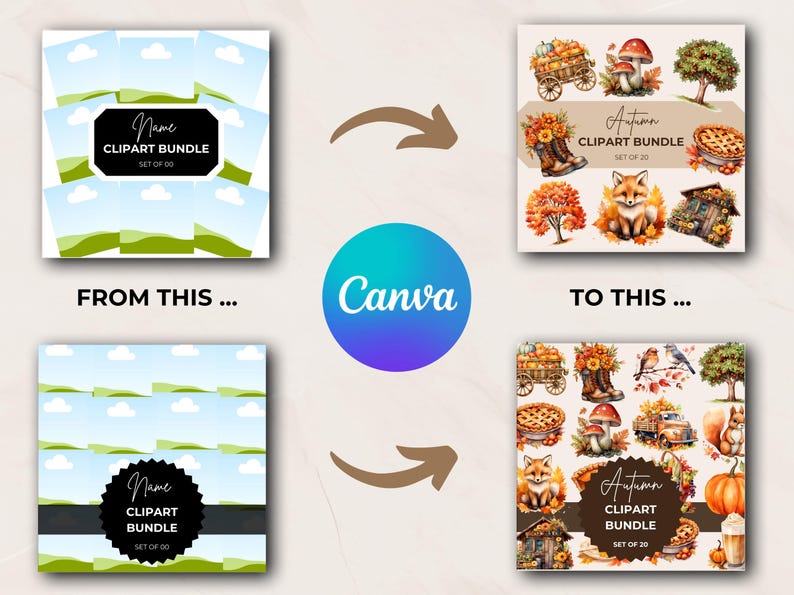 Transformation example of clipart mockup bundles created with Canva templates, from basic to professional-looking clipart Etsy listings.