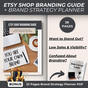 Promotion of the Etsy Shop Branding Guide. Ideal for sellers facing low sales, branding confusion, and the need to stand out on Etsy. Includes practical advice and a bonus Brand Strategy Planner PDF.