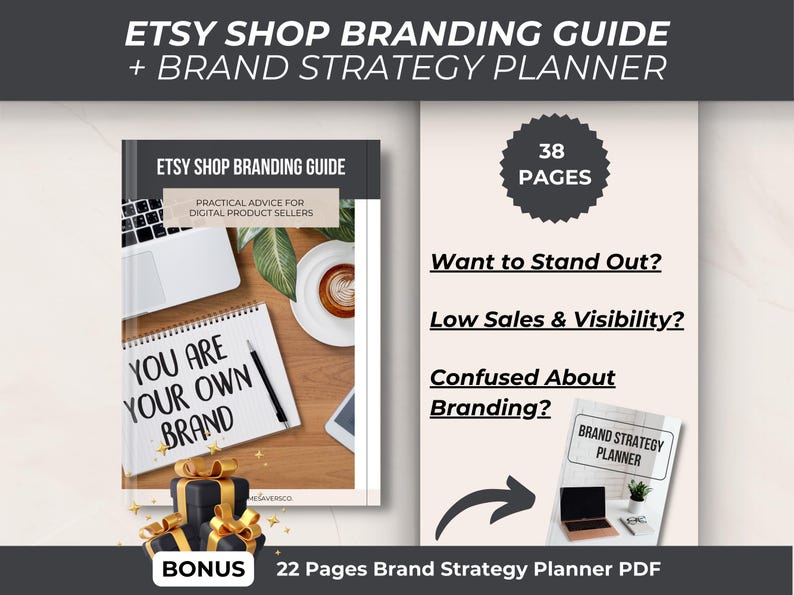 Promotion of the Etsy Shop Branding Guide. Ideal for sellers facing low sales, branding confusion, and the need to stand out on Etsy. Includes practical advice and a bonus Brand Strategy Planner PDF.