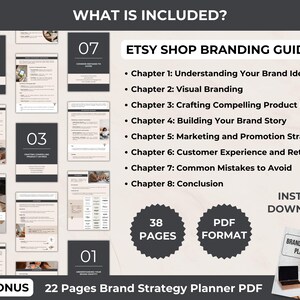 Comprehensive list of what's included in the Etsy Shop Branding Guide, featuring 8 key chapters on branding and marketing strategies, plus a bonus 22-page Brand Strategy Planner PDF. Perfect for improving your Etsy shop.