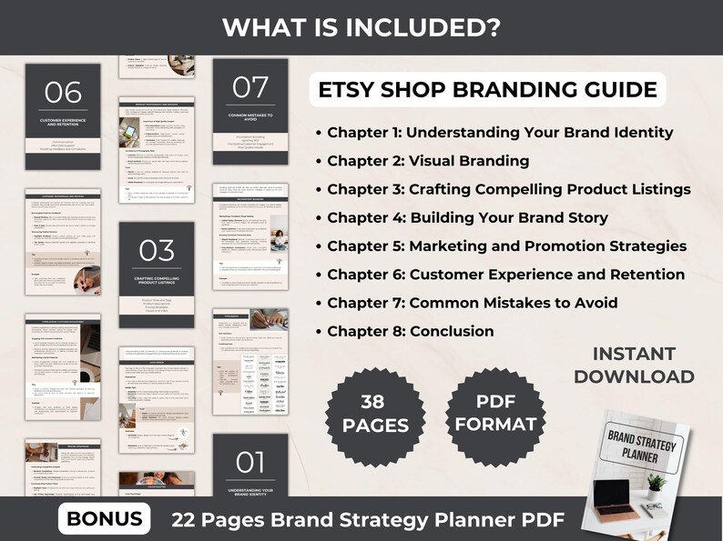 Comprehensive list of what's included in the Etsy Shop Branding Guide, featuring 8 key chapters on branding and marketing strategies, plus a bonus 22-page Brand Strategy Planner PDF. Perfect for improving your Etsy shop.
