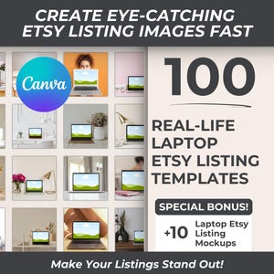 100 Etsy-listmallar för bärbara datorer + bonusmallar för bärbara datorer för Etsy, Canva-datormodell, digital mockupmall, webbplatsmodell Etsy