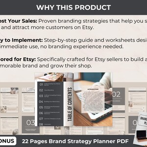 Reasons to choose the Etsy Shop Branding Guide and Branding Strategy Planner. Highlights include boosting sales, easy implementation, and tailored strategies specifically designed for Etsy sellers to create a memorable brand
